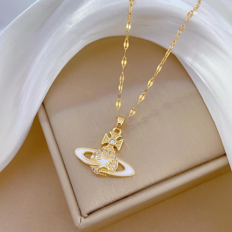 Oil Dripping Planet Ji Light Luxury Temperament Gorgeous Full Diamond Necklace Female Versatile Clavicle Chain Titanium Steel Chain