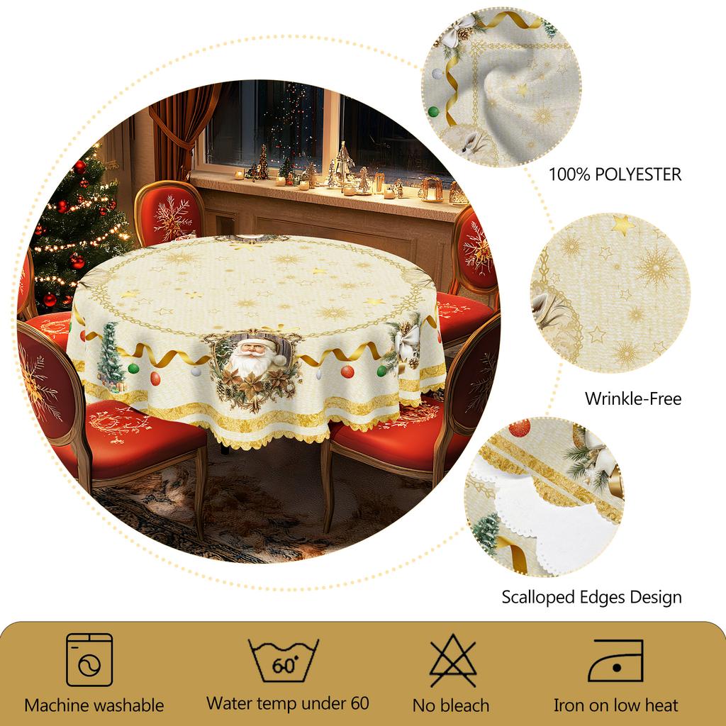 1 Stück Weihnachts-Rund- und Rechteck-Tischdecke, verschiedene Größen, Vintage Weihnachtsmann und Schneemann Geschenkbox Goldband Druckmuster Tischdecke, S