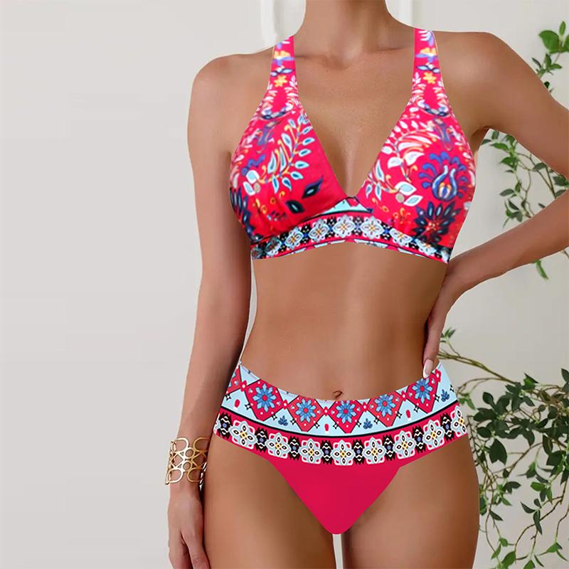 Dámské plavky bikiny 2dílné plavky ohlávka bez zad Plážové oblečení s modrým potiskem peří plavky plavky se zavěšeným výstřihem