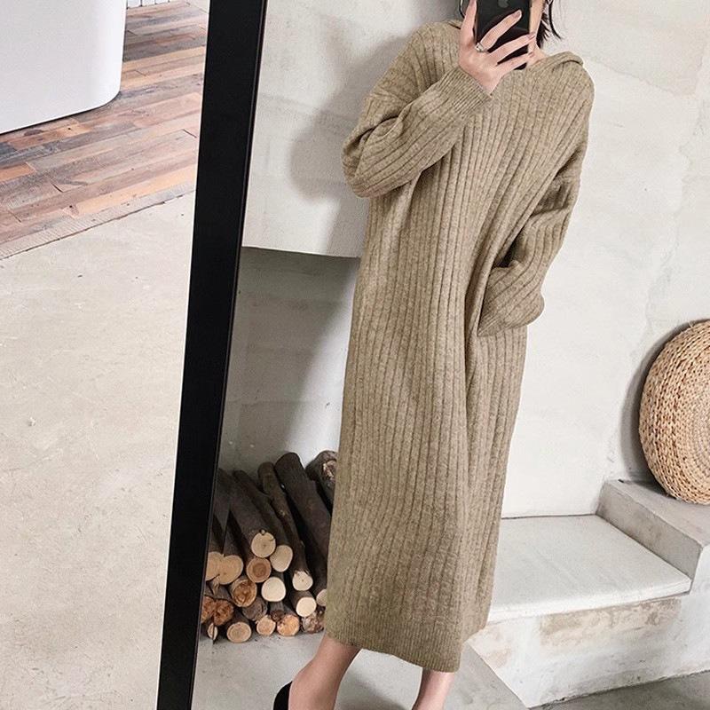 

Осень и зима новое вязаное платье женское с капюшоном однотонное средней длины и длинное выше колена с тонким низом юбка-свитер one size fits all хаки