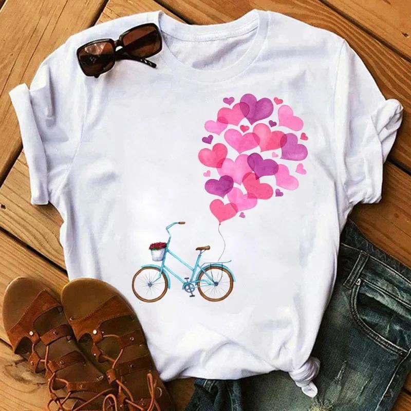 Spring Summer Ladies Floral Bicycle Pattern Fashion Cartoon Print White Letter T-shirt Woman Clothes T Shirt Tops Tee Graphic