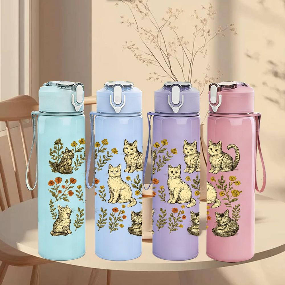 1PC Multiple Cat Collection Print 750ml Color Plastic Sports Water Bottle Leakproof Flip Straw Lid Suitable for Sports Office Home Use