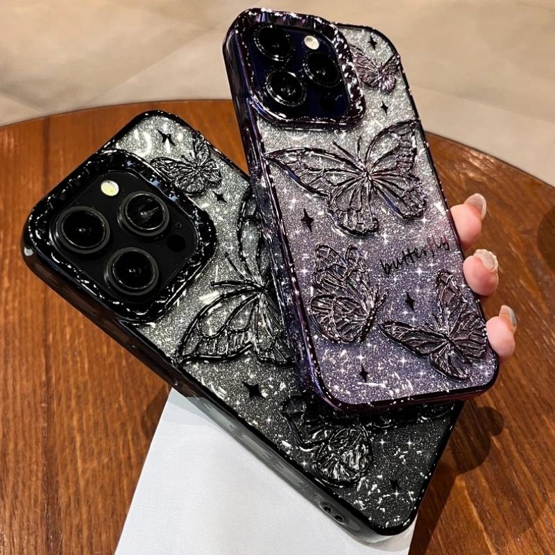 3D Třpytivý Motýlek s Tekutým Pískem Gradientní Pouzdro Pro iPhone 17 16 15 14 13 12 11 Pro Max Plus Air Plating Nárazuvzdorný Kryt