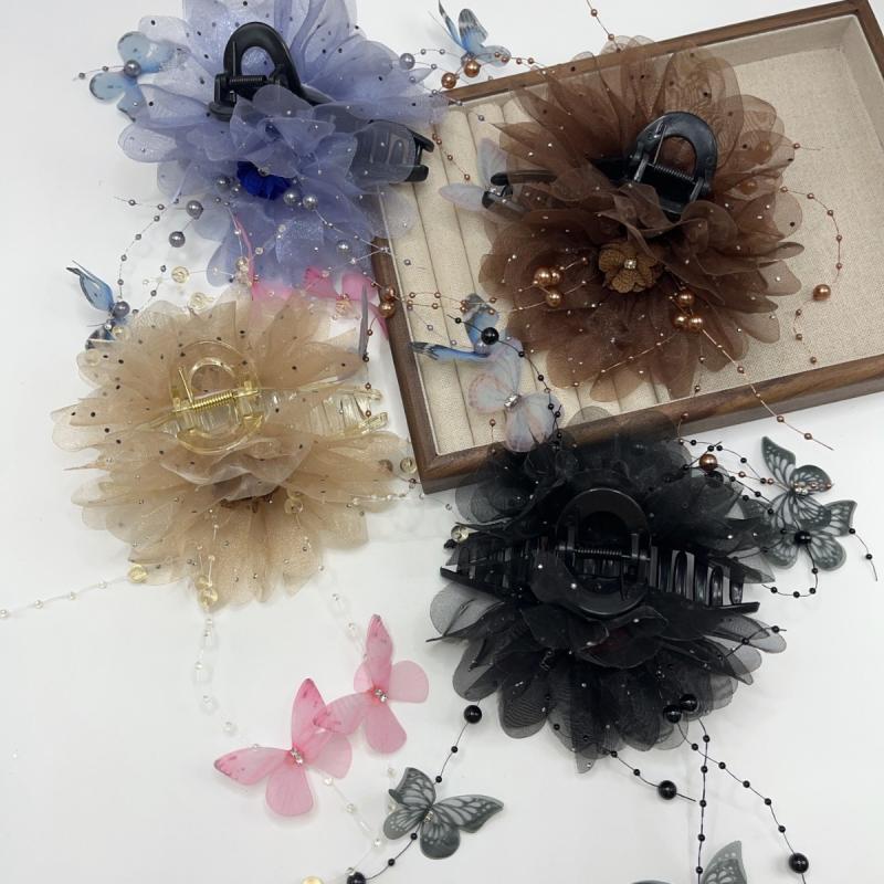 1 Piece Hair Accessories Headdress Elegant Mesh Flower Hair Claws Grab Pearl Tassel Women Shark Ponytail Hair Clips