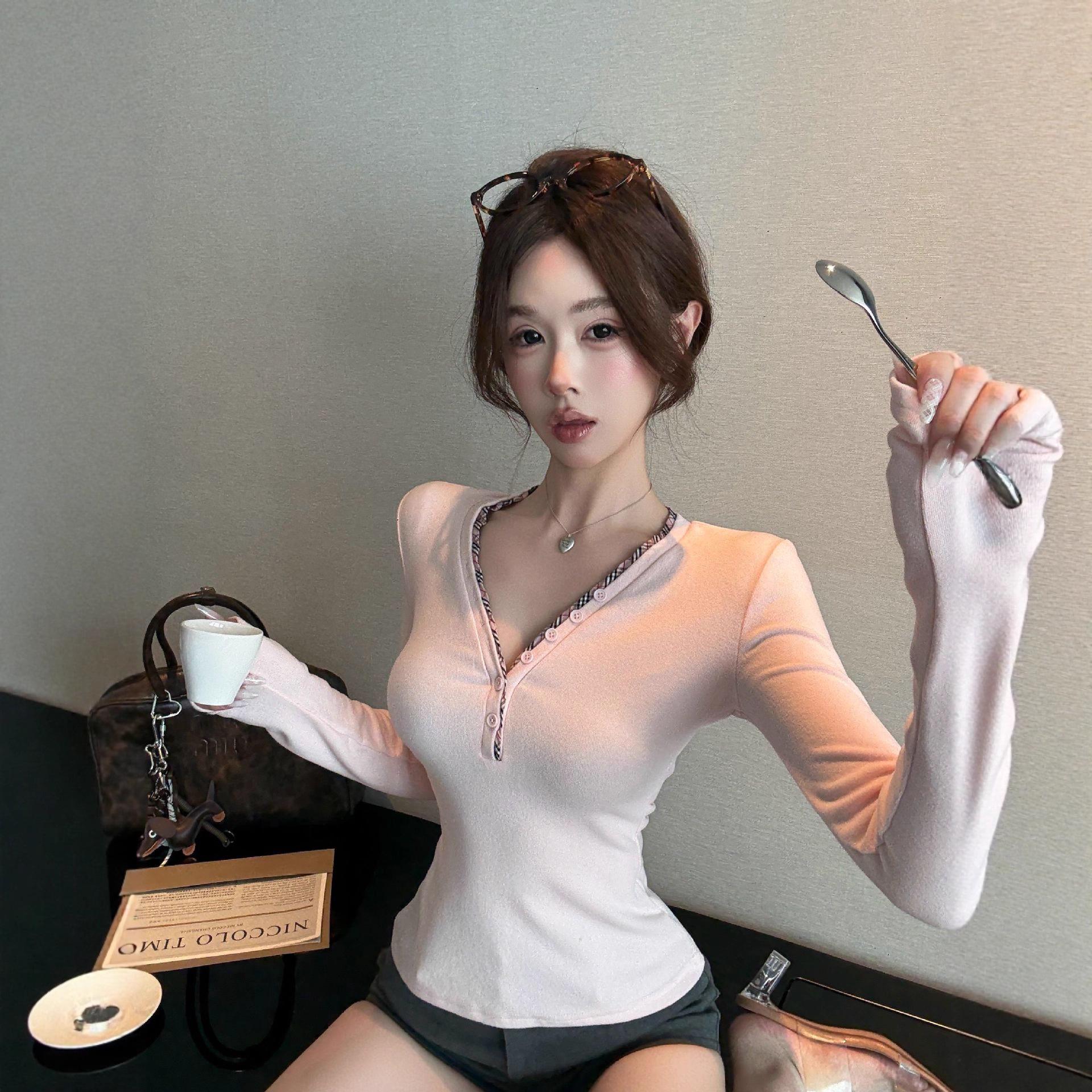 De Rong Plaid V-Neck Patchwork Long-Sleeve Slimming Women s Top Large розовый