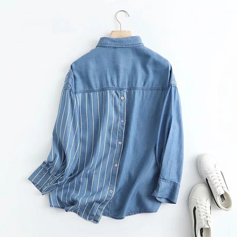 Summer Striped Patchwork Blusas Women Long Sleeve Shirt Work Casual Loose Blouse Pullovers Oversized