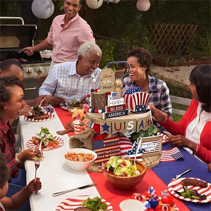 Memorials Day Wooden Sign 4th of Julys Patriotics Tiered Tray Decors Set Gift