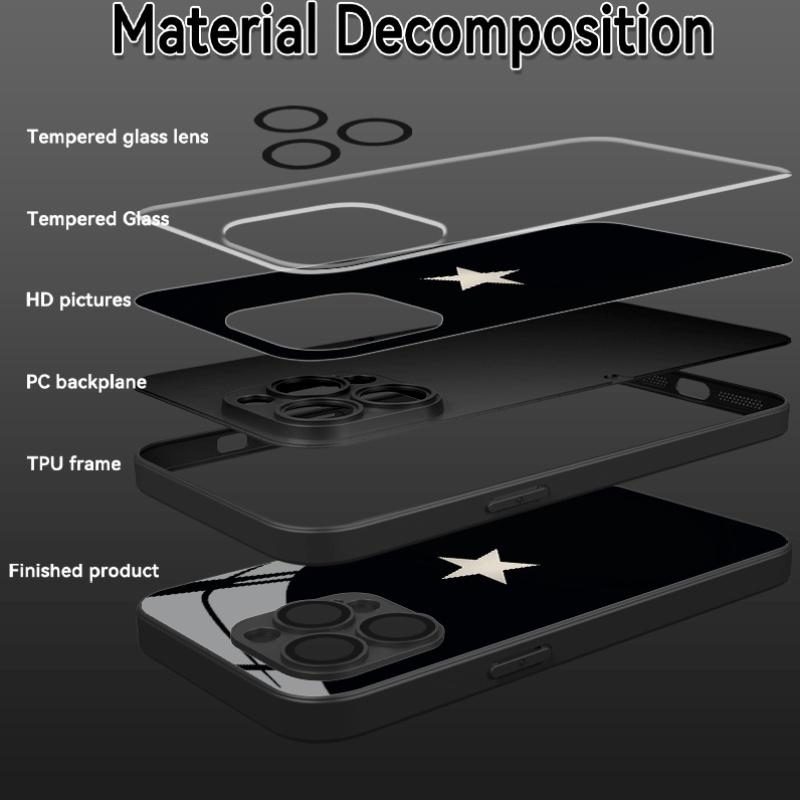 Black background white star glass phone case suitable for iPhone 17 16 15 14 13 12 11 Pro/Max/Plus anti drop and shockproof