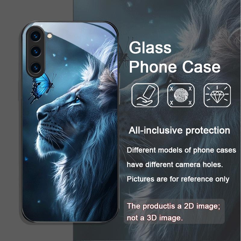 Luxurious Lion Pattern Tempered Glass Phone Case for Samsung Galaxy S25 Ultra S24 S23 Plus S22 S21 S20 FE M55 M54 5G Back Cover