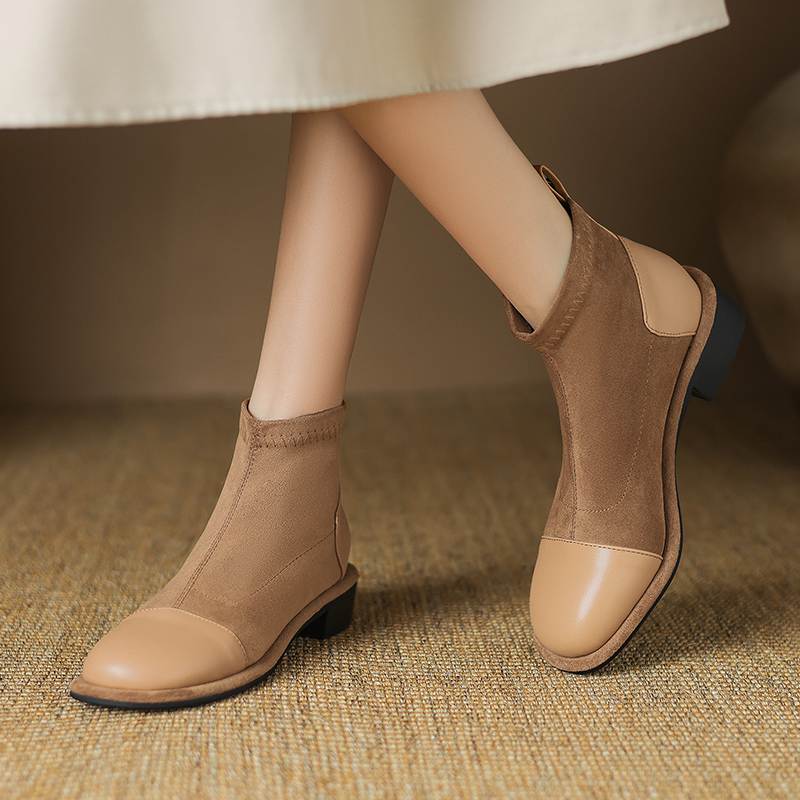 Krazing Pot Flock Autumn Winter Shoes Low Heels Size 43 Stretch Boots Back Patch Work Street Wear Elastic Ankle Boots