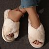 Pantufa de pelúcia cruzada de inverno para ambientes internos, confortável e quente, sola macia, sapatos peludos, chinelos antiderrapantes para piso doméstico