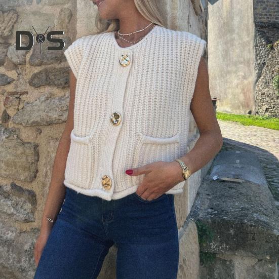 Women Sweater Vest V-neck Sleeveless Button Down Cardigan with Pockets Solid Color Loose Fit Crochet Knit Tops