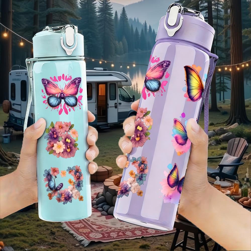 1PC Multi Color Butterfly Collage Graphic,750ml Color Plastic Sports Water Bottle,Leakproof Flip Straw Lid,Suitable for Sports Office Home Use