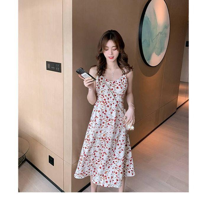 Floral Sleeveless Spaghetti Strap Dress for Women, Spring/summer New First Love French Vintage Design Mermaid Long Skirt