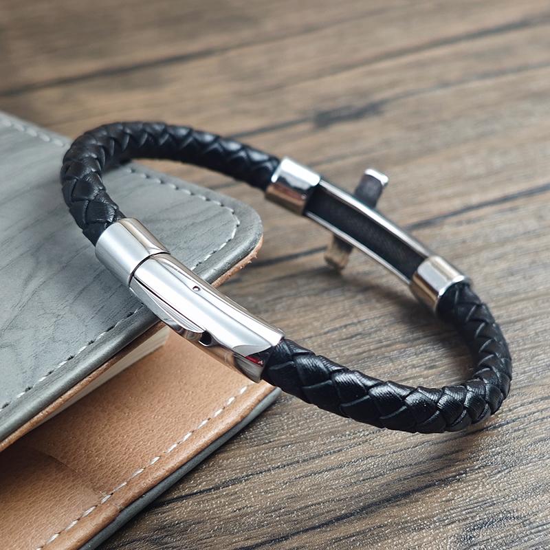 Simple Leather Bracelet Cross Popular Carved with Wheat Ear Pattern Men's Bracelet for Men Stainless Steel Clasp Jewelry Gift