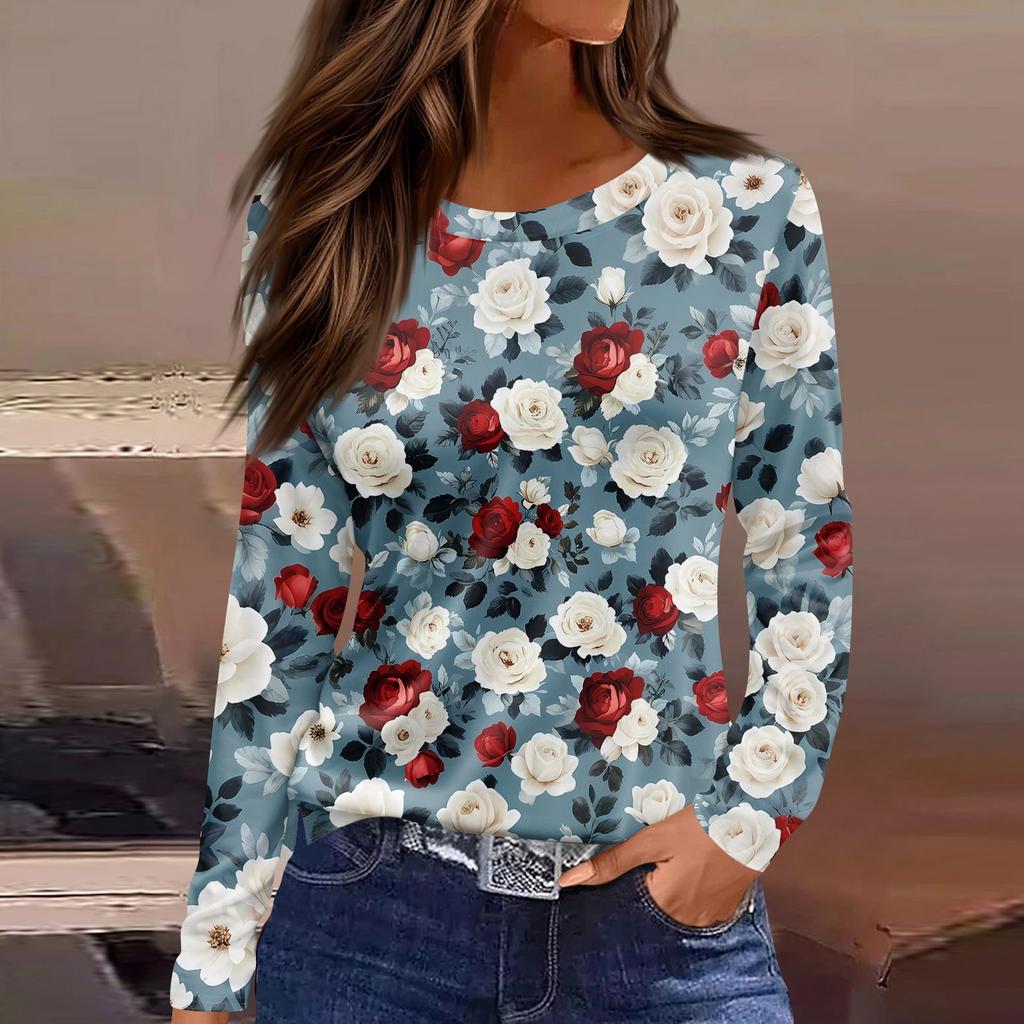 Women's Fashion Casual Slit Hem Round Neck Long Sleeve Loose Printed T-Shirt Ladies Top