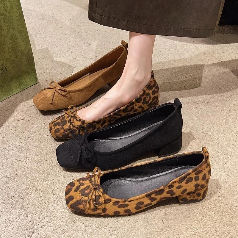 Women's Leopard Print Shoes Square Head Rubber Sole Shallow Mouth Shoes Woman 2024 Trend One Kick Breathable Home Outdoor Shoes