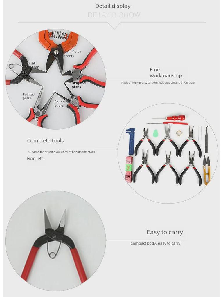 DIY-Schmuck-Werkzeugset: Spitzzange, Schere, Materialien für handgefertigte Ohrringe.