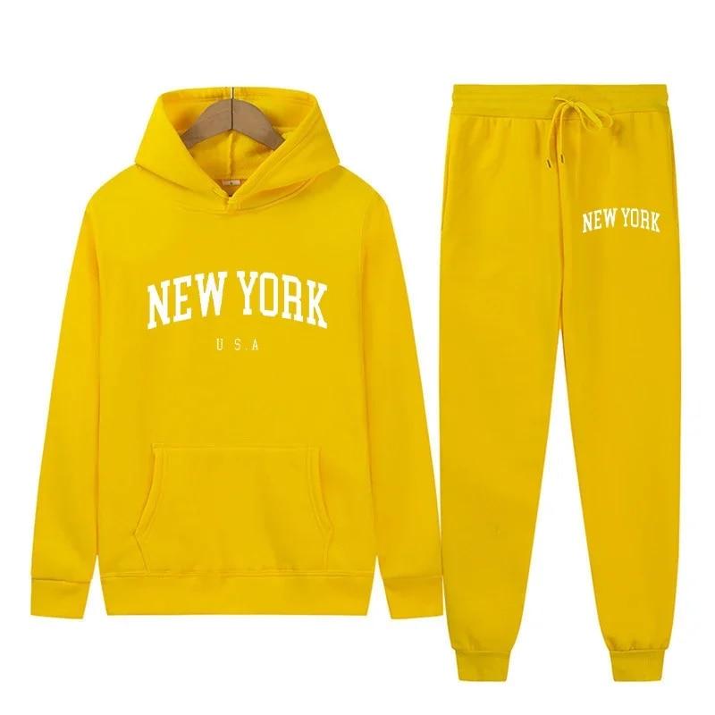 New York Letter USA City Hoodies + Hosen 2-teiliges Set Damenmode Sweatshirts Damen Casual Kapuzenpullover Sportwear-Anzug
