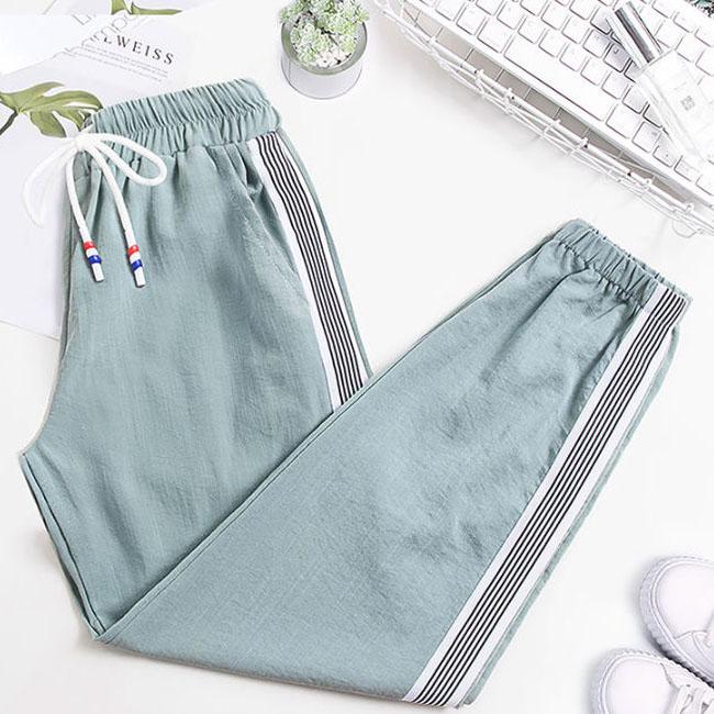 Women's Spring Summer Large Size Trousers Solid Color Elastic Waist Long Pants Slim Casual Striped Sports Pants