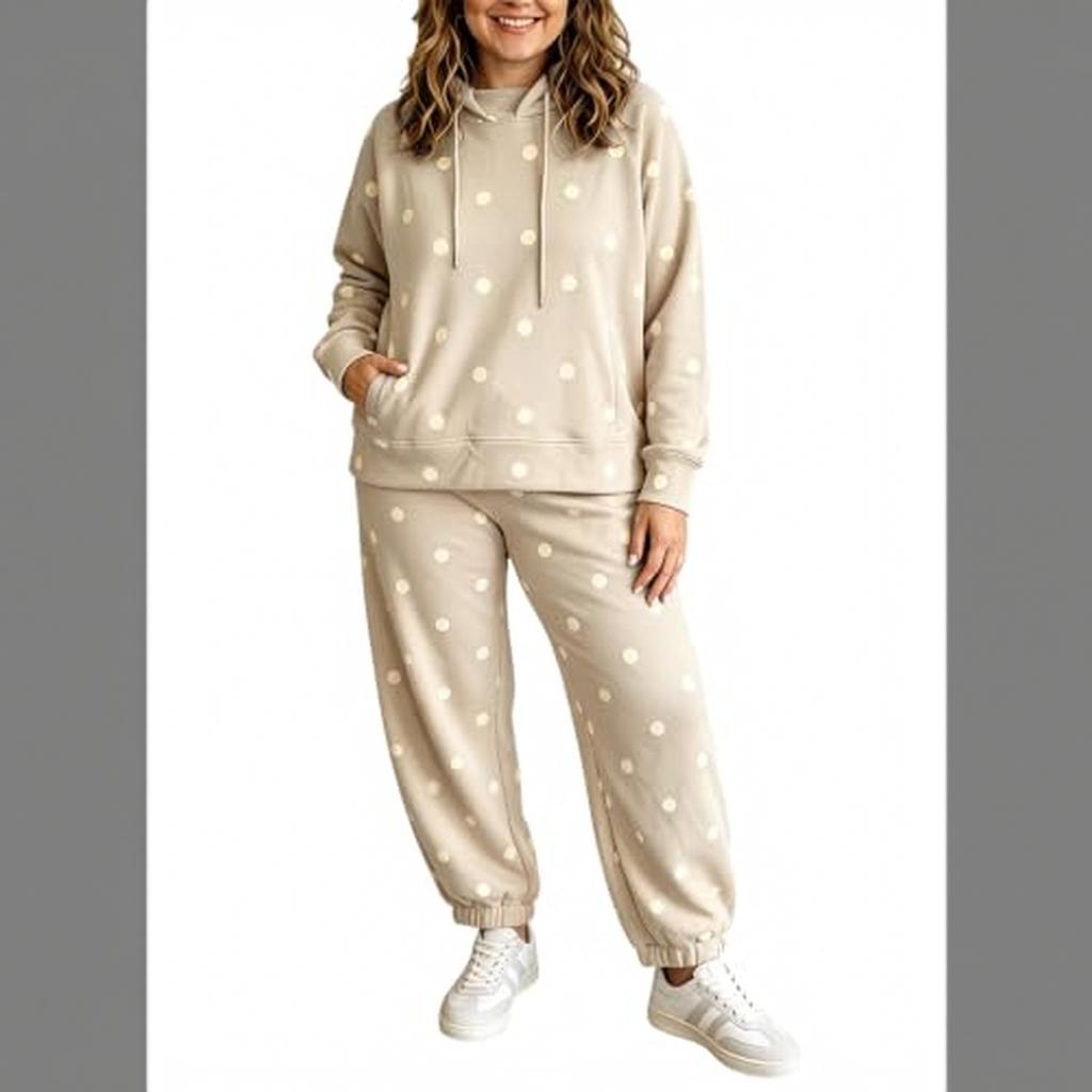 Women's Polka Dot Two Piece Set Hooded Sweatshirt and Jogger Pants Casual Wear