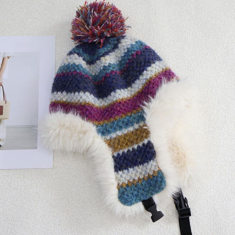 

Warm Knitted Hat Women s Winter Color Striped Lei Feng Hat Outdoor Plush Hat one size