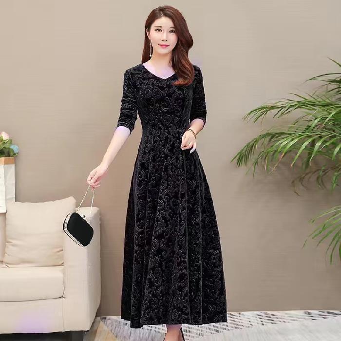 Abito Dimagrante e Sagomato per Primavera e Autunno, Abito da Donna in Velluto a Maniche Lunghe Taglie Forti, Modello Lungo