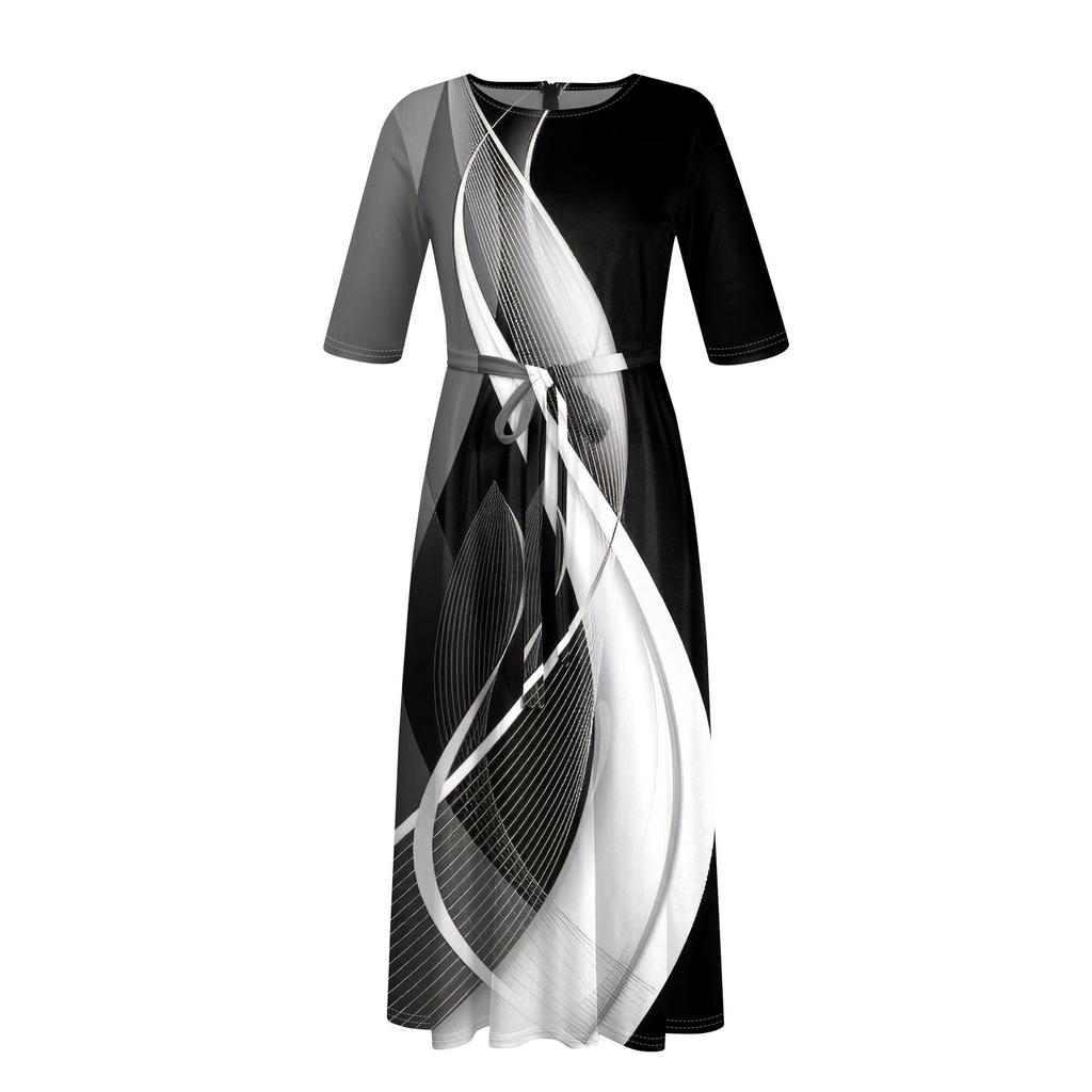 Uformelt mote for kvinner stor størrelse blomstertrykk rund hals trekvart ermer lommestropper swingkjole