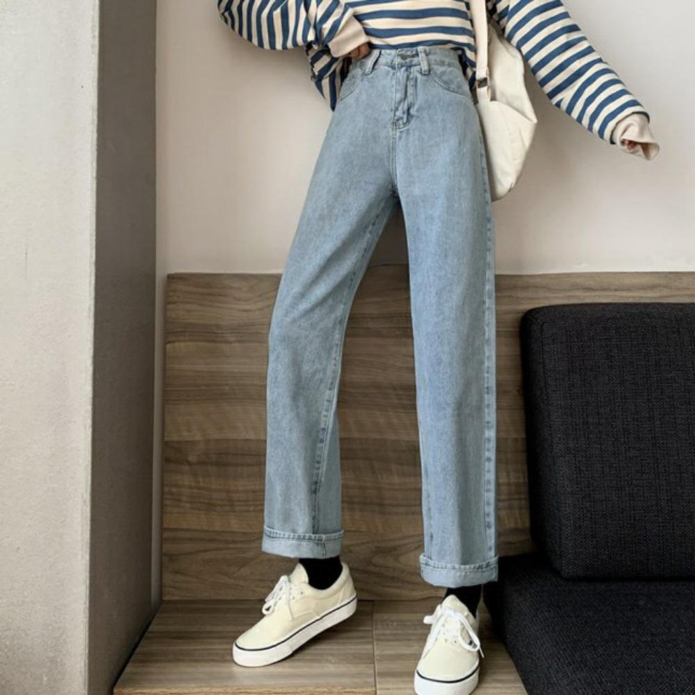 Korean Version of Chic Fashion New Versatile High-waisted Denim Straight-leg Pants Women's Loose and Thin Casual Wide-leg Trousers