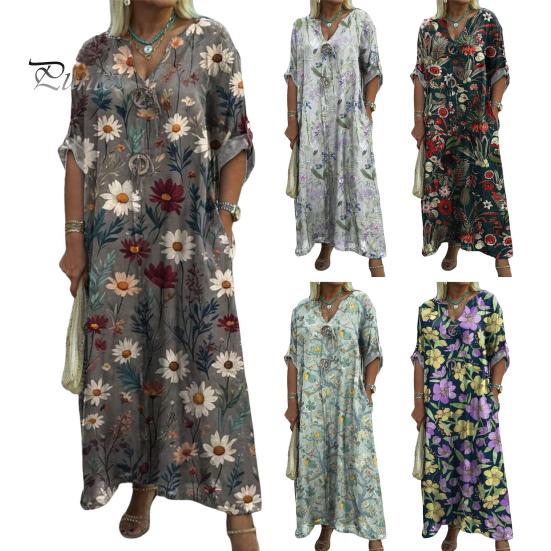Herbst Sommer Damen Kleid Blumendruck Locker Neunte Ärmel mit Manschettenknöpfen V-Ausschnitt Seitentaschen Täglich Langes Kleid Lässiges Maxikleid