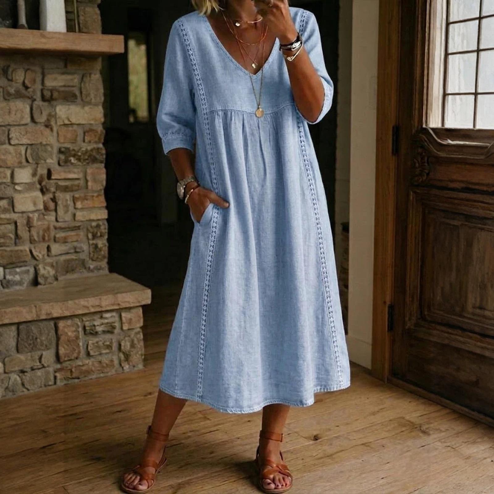 Women s Casual Fashion Mid-Sleeve V-Neck Pullover Denim-Look Dress S