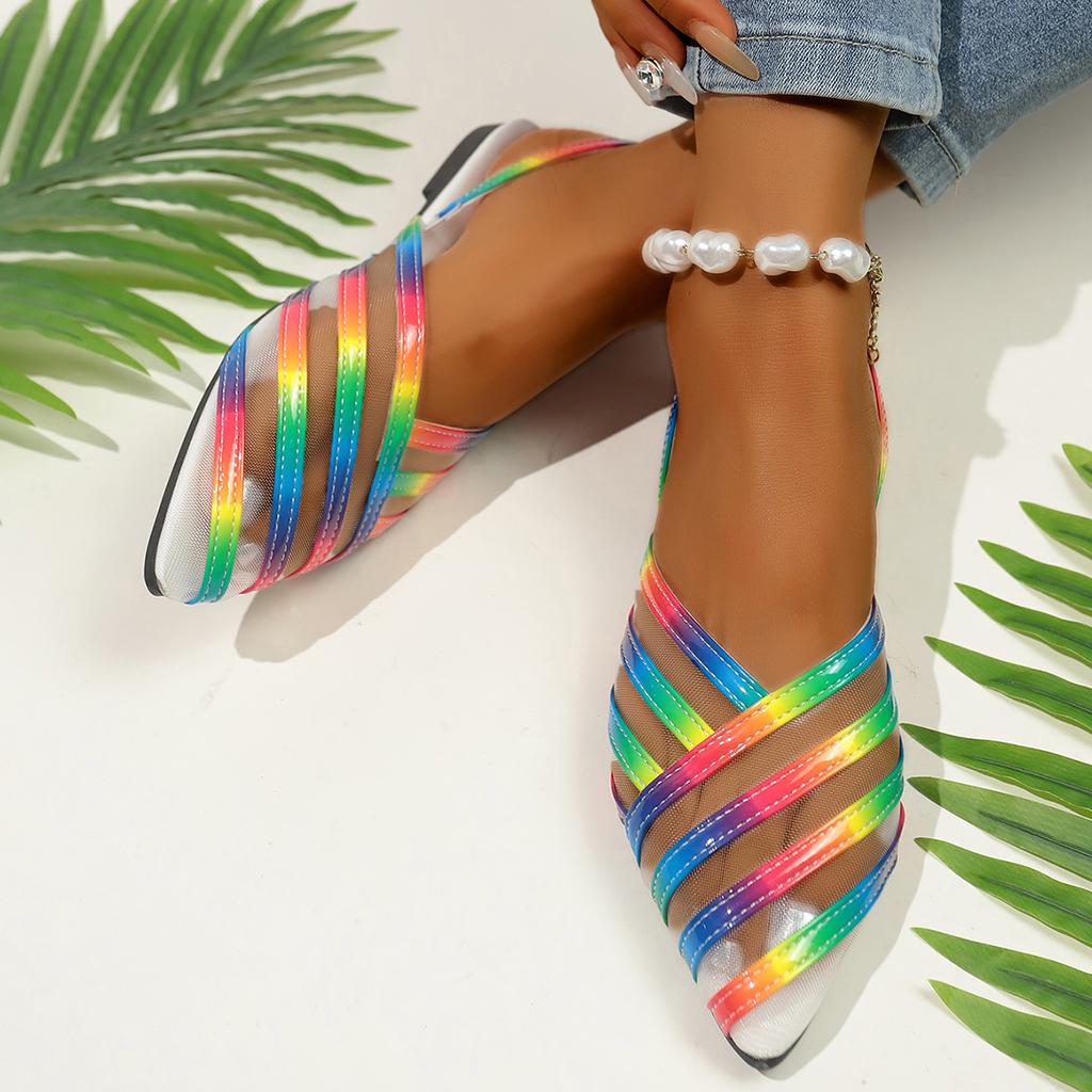 Women Sandals Women Flats Shoes 2025 Summer New Flat Hole Shoes Female Beach Jelly Sandals Simple Rainbow Plastic Sandals