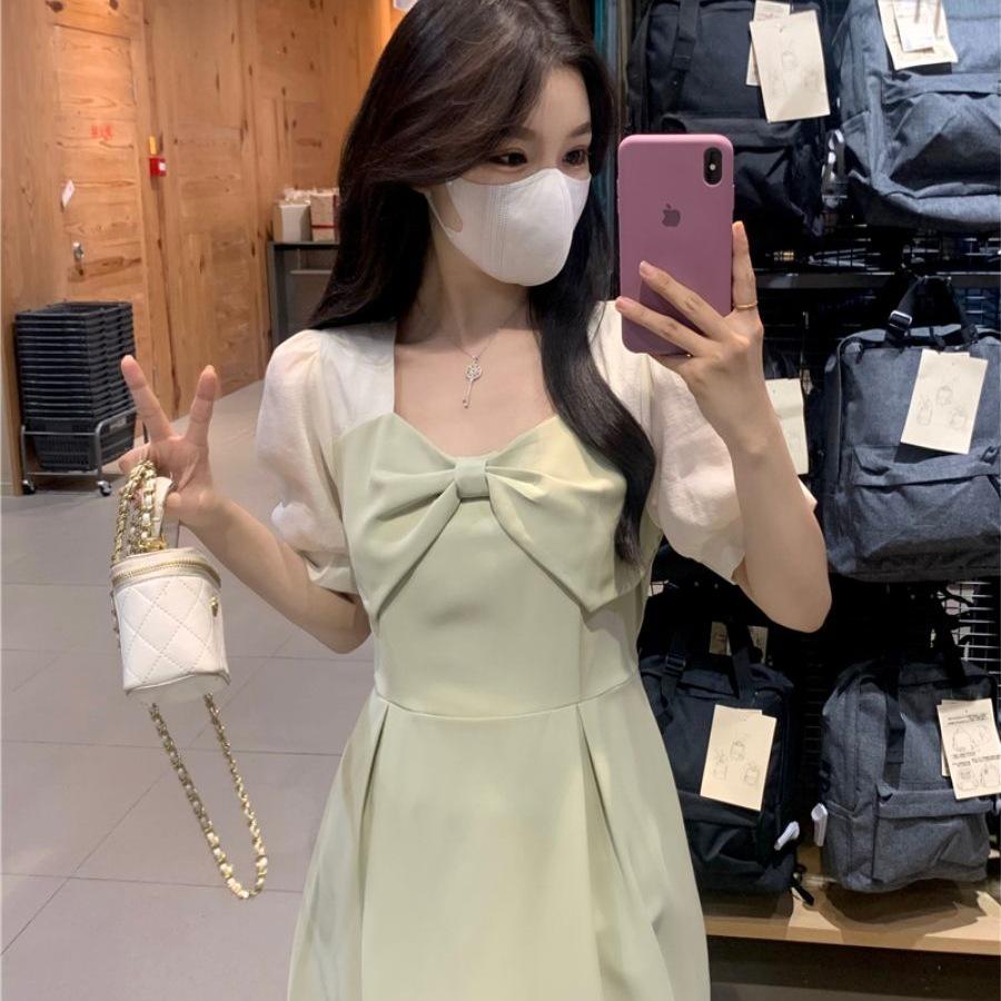 Plus Size Summer 2026 French Bow Patchwork Mid-Length Dress