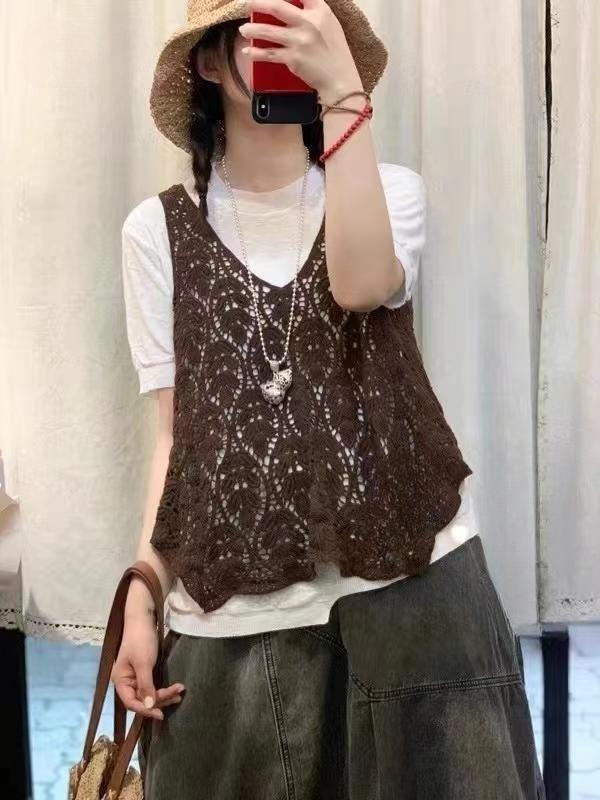 

Весенне-летняя ретро хлопково-льняная майка с кружевом: Универсальный, Легкий, Вязаный, Приталенный, Свободный крой One Size