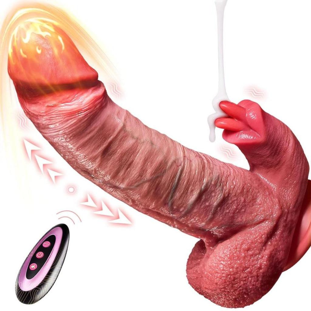 Dildo cu ventuză încălzită 3 în 1, cu 7 moduri de inserare și 10 moduri de vibrație Mod de lins încălzit Jucărie reală de inserție din silicon Jucării pentru adulți