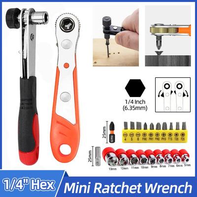 1/4" Hex Ratchet Screwdriver Mini Right Angle Ratchet Wrench Spanner Slotted Phillips Driver Bits Set Socket Repair Handle Tools