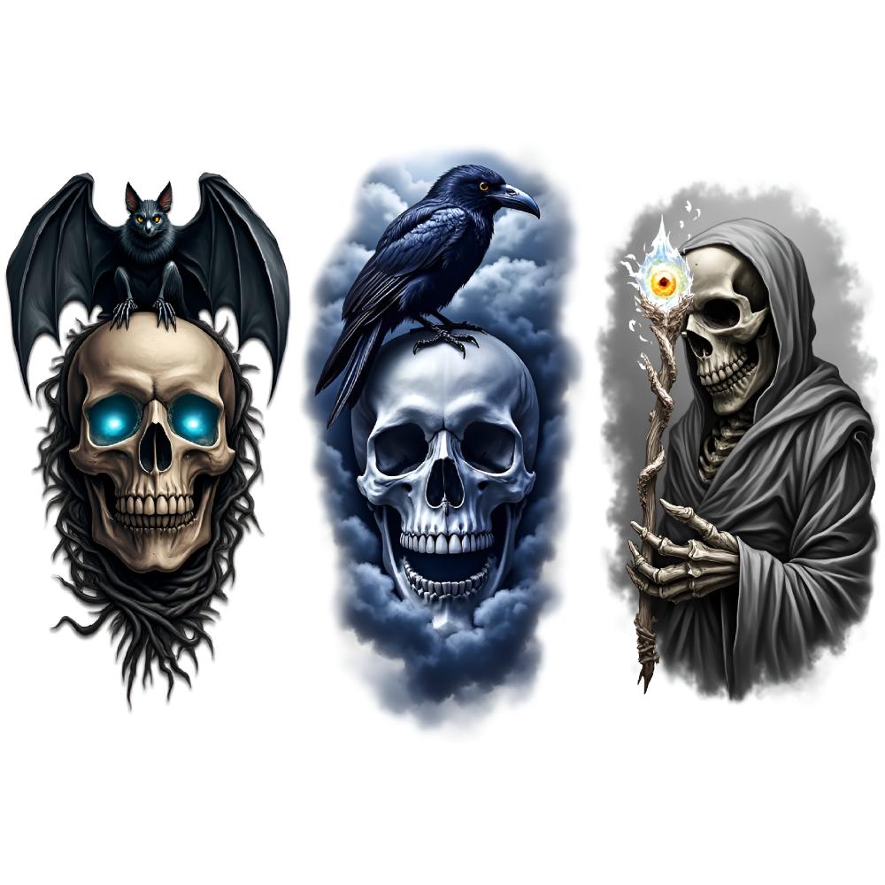 3 sztuki Tymczasowe Tatuaże Wodoodporne Długotrwałe Naklejki na Ciało Pająk Czaszka Czaszka z Kapturem i Mieczem Kruk na Czaszce Dla Dorosłych