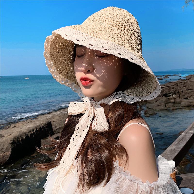 Internet Celebrity Straw Hat Female Summer Lace Strap Beach Hat Small Fresh Seaside Vacation Sun Visor Hat Strap