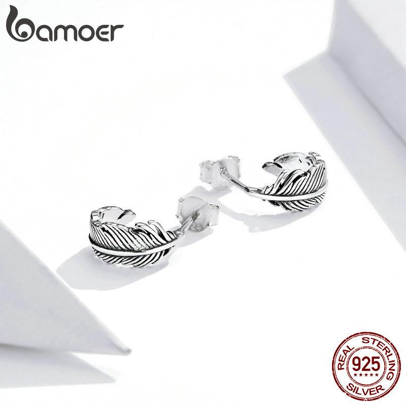 Bamoer 925 Sterling Silver Jewelry Dazzling Oxidized Light Feather Stud Earrings for Women Girls Gift Statement Jewelry