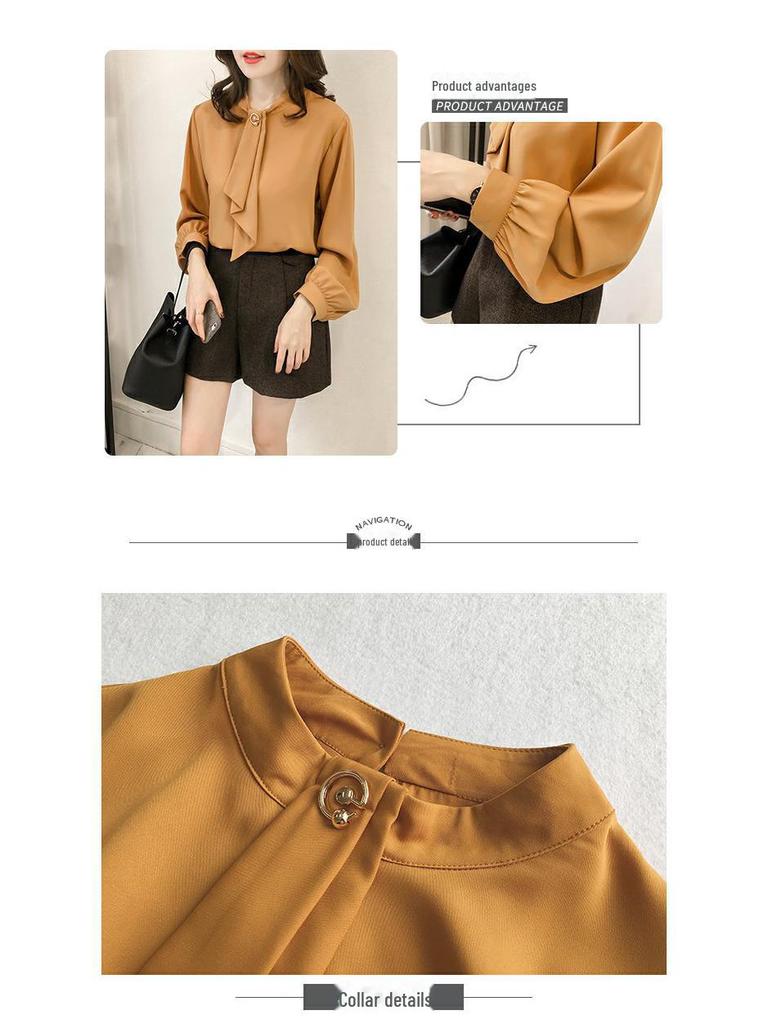 Women's Plus Size Autumn Lantern Sleeve Chiffon Shirt - Solid Color, Loose Fit, Long Sleeve, Korean Style