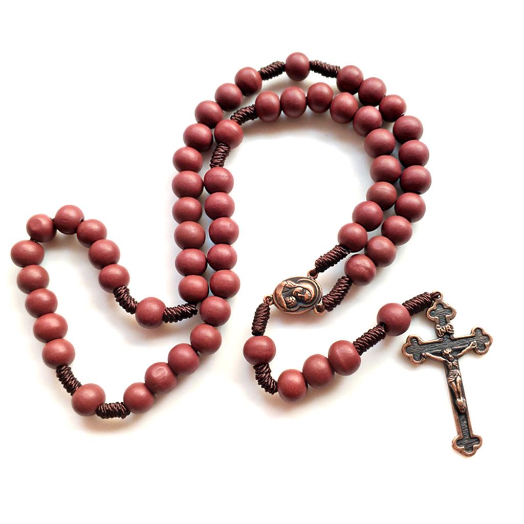 Natural Wood Cross Rosary Pendant Necklaces Catholic Jesus Bead Necklaces for Men Women Jewelry Christian Religious Gift