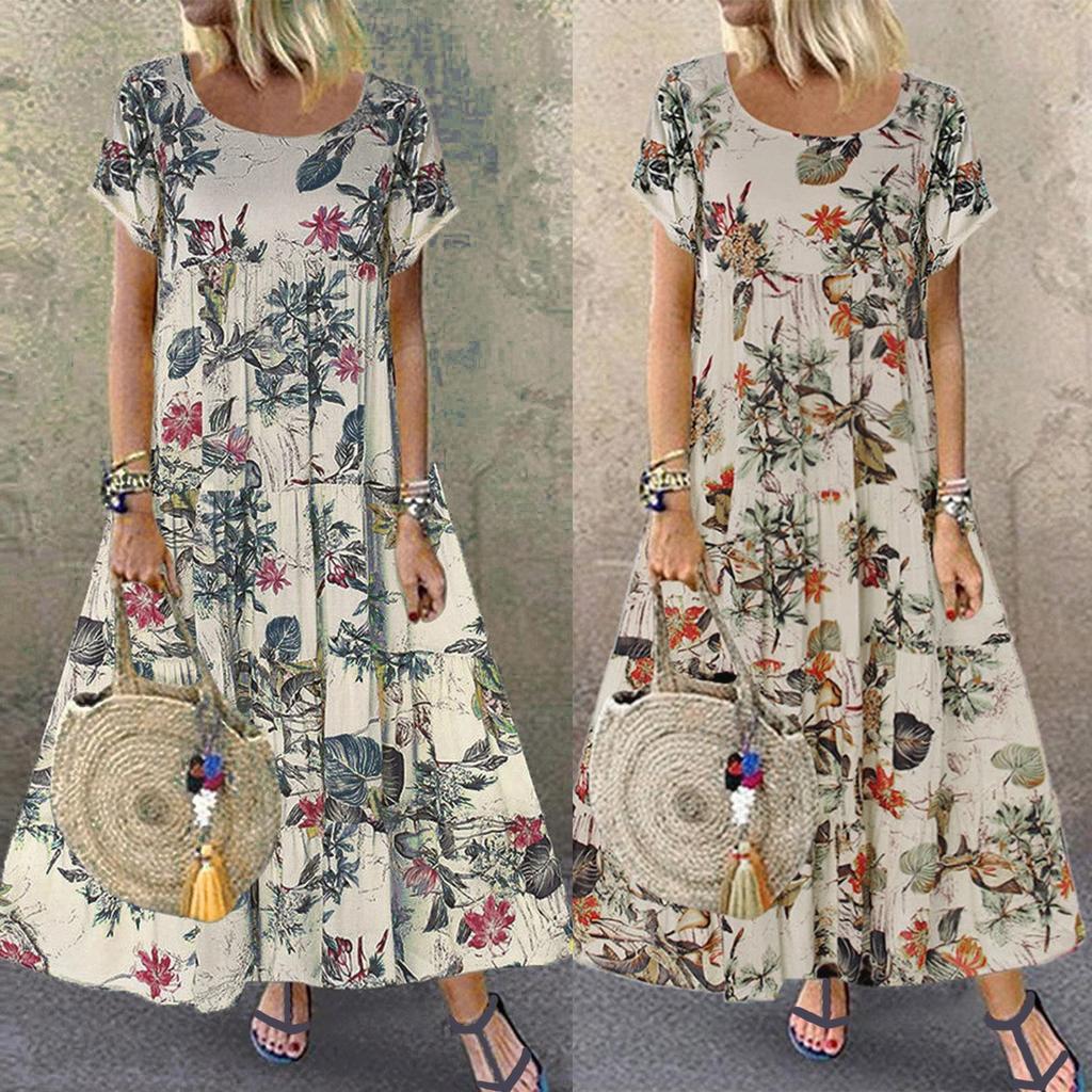2024 Retro Floral Print Short-Sleeve Round-Neck Women's Dress