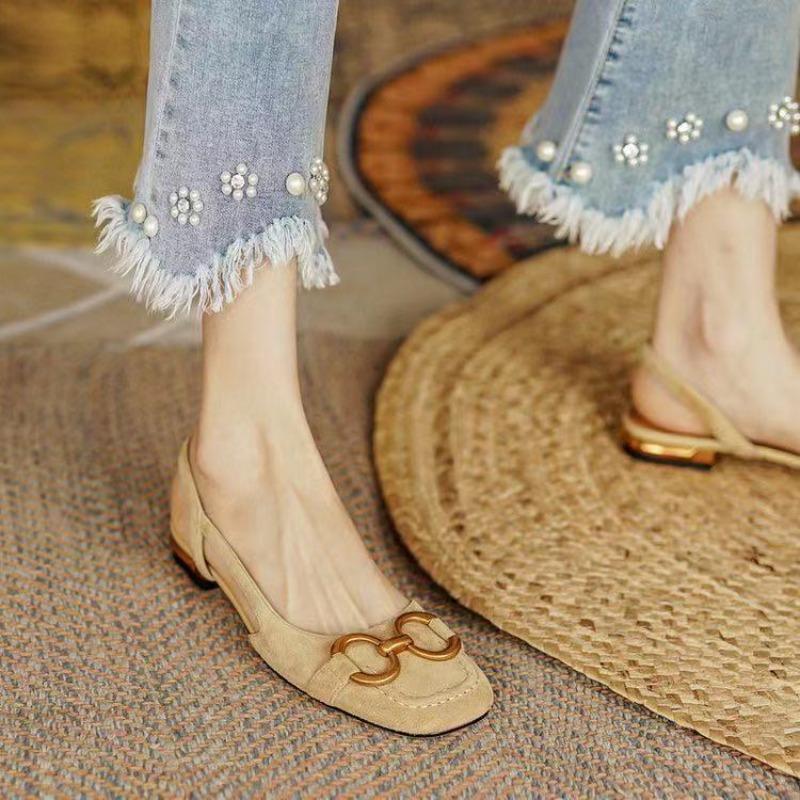 Fashion Womens Flats Retro Baotou Low-heel Sandals High Quality Leather Sandals for Women Fashion Flat Sandals Suede Office Casual Shoes