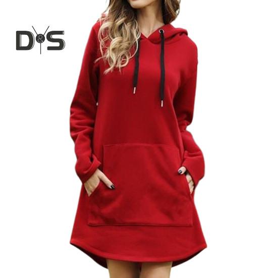 

Платье осень-зима с капюшоном, длинными рукавами, большим накладным карманом, завязками на шнурке, длиной выше колена, свободного кроя, однотонное, плотного покроя, мини-платье больших размеров XL