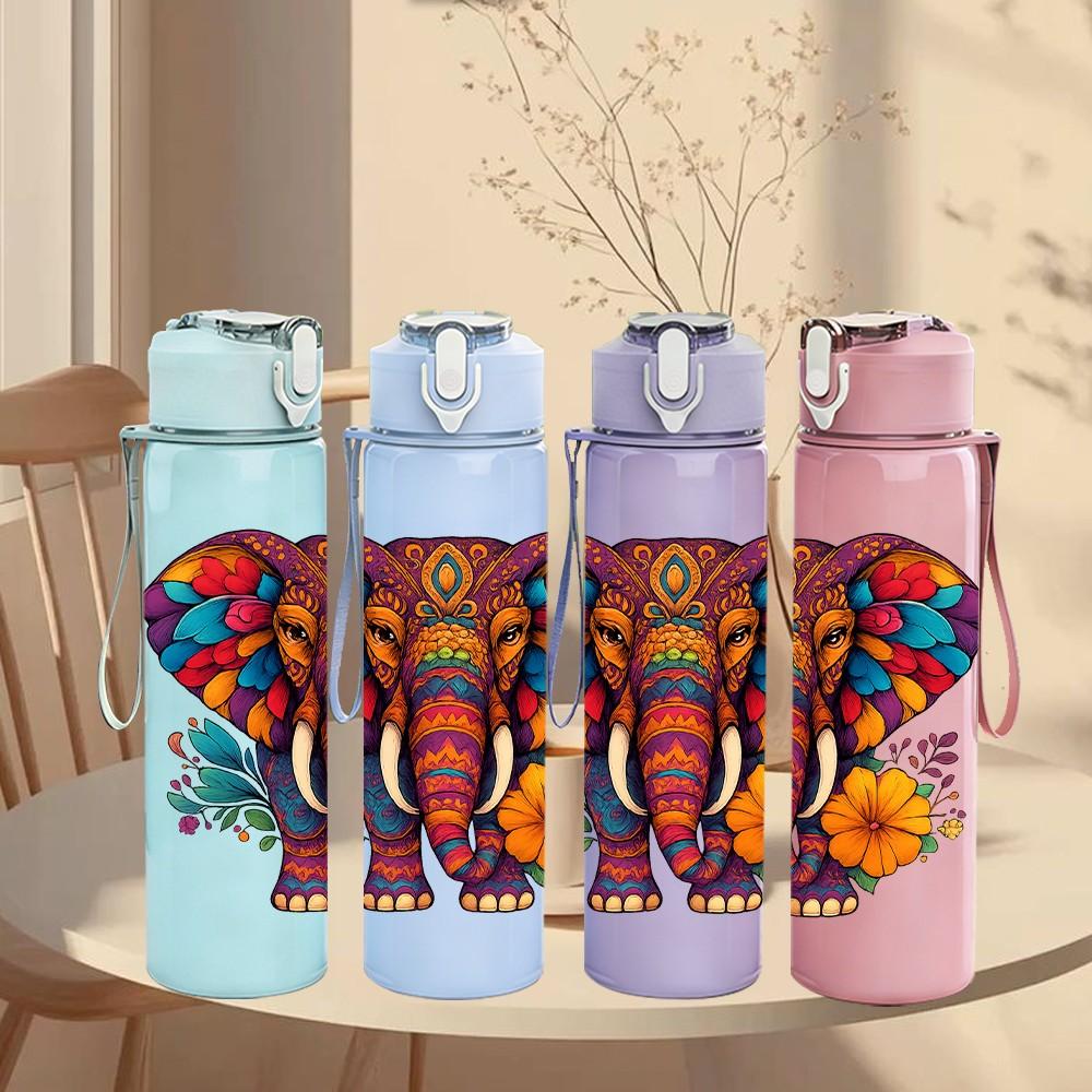 1PC Colorful Floral Elephant 750ml Color Plastic Sports Water Bottle Leakproof Flip Straw Lid Suitable for Sports Office Home Use