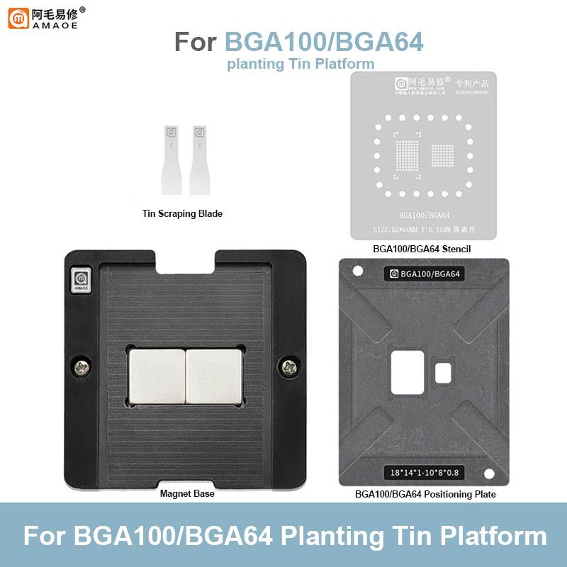 AMAOE BGA100-BGA64 Magnetic Planting Tin Platform with Position Plate Universal 52*60mm 0.15mm BGA Reballing Stencil Set