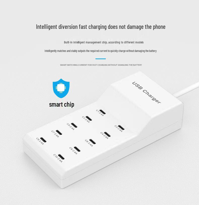 10-Port Fast USB-C Charger for Android & Apple Devices