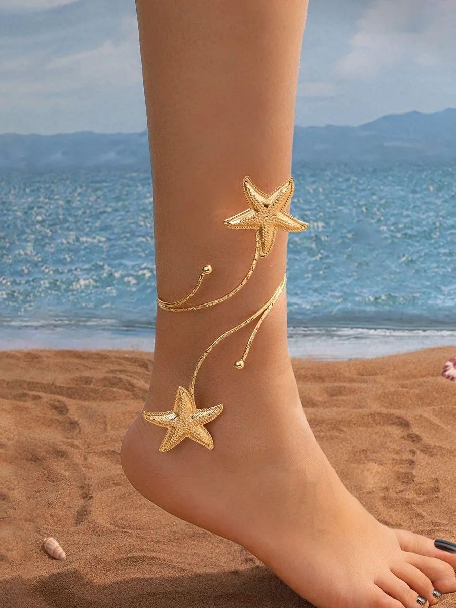 

Starfish-inspired Wrapped Anklet, Gold Personalized Ankle Chain, Versatile Beach Accessory for Seaside Vacations