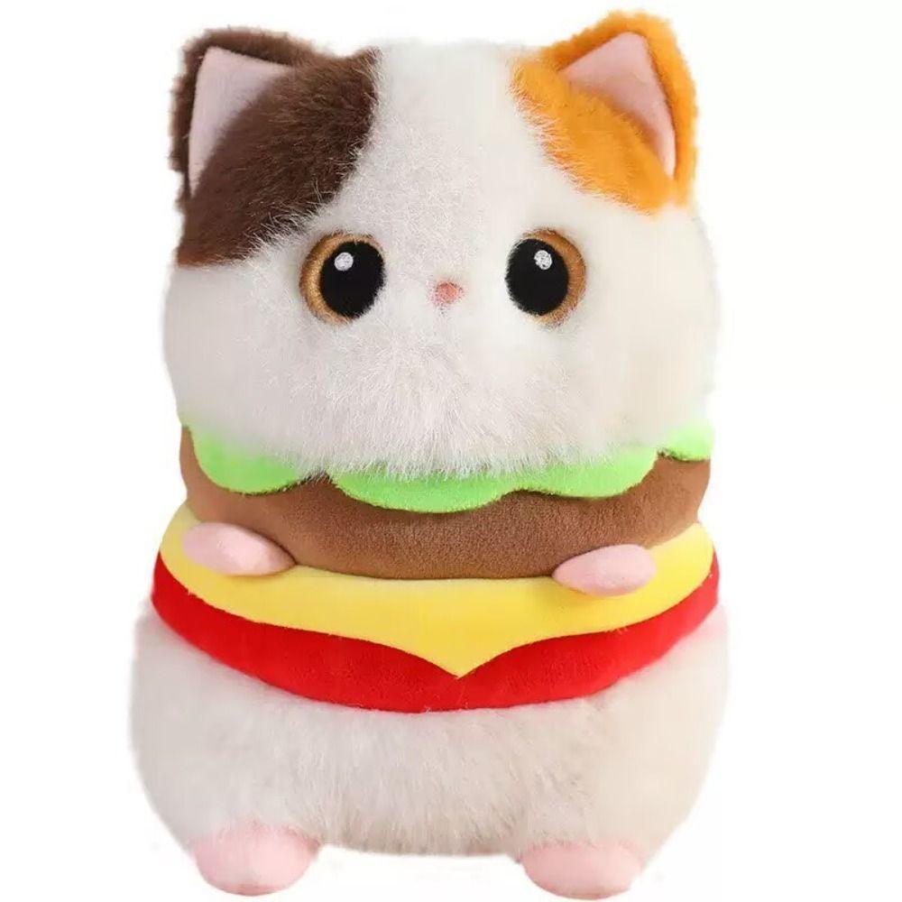 Cartoon Cat Stuffed Animal Pillow Soft Kitty Plush Doll Hamburger Cat Plush Toy Sleeping Companion