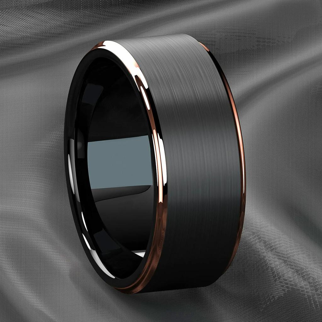 Fashion 8mm Stainless Steel Rings for Men Rose Gold Color Step Edge Black Brushed Men Rings Wedding Party Jewelry Gifts